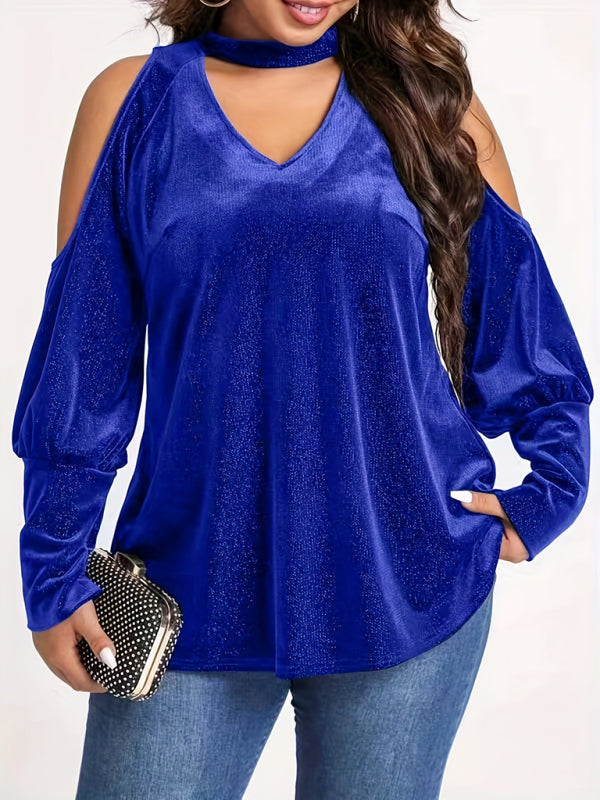 Velvet Cold Shoulder Top Glitter Velour Blouse Velvet Tops | Chuzko.com