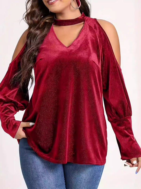 Velvet Cold Shoulder Top Glitter Velour Blouse Velvet Tops | Chuzko.com