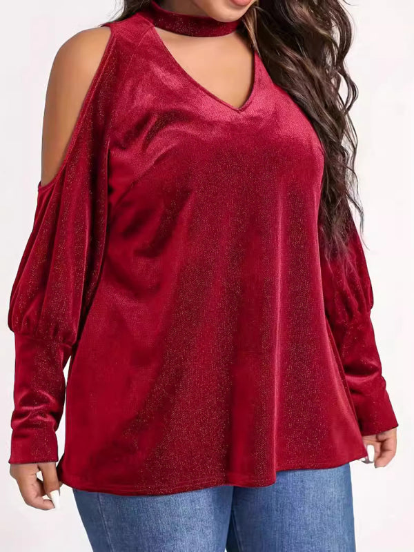 Velvet Cold Shoulder Top Glitter Velour Blouse Velvet Tops | Chuzko.com