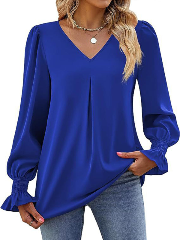 Romantic V-Neck Chiffon Blouse with Ruffle Cuffs Blouses | Chuzko.com