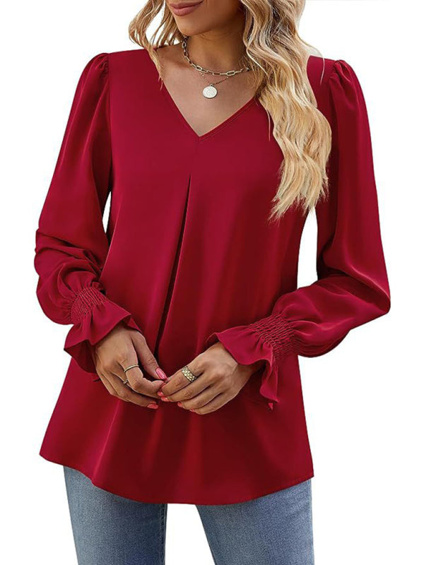 Romantic V-Neck Chiffon Blouse with Ruffle Cuffs Blouses | Chuzko.com