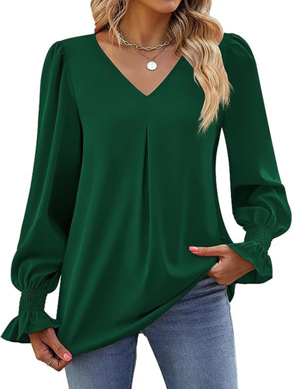 Romantic V-Neck Chiffon Blouse with Ruffle Cuffs Blouses | Chuzko.com