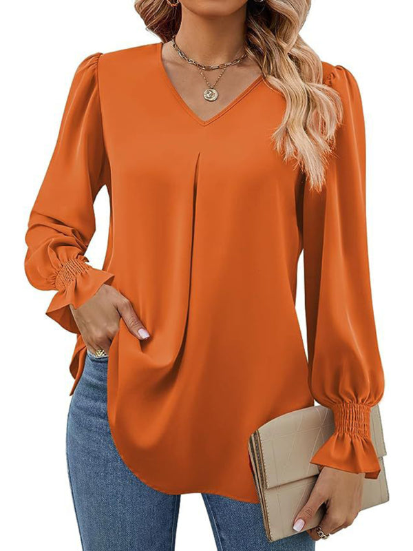 Romantic V-Neck Chiffon Blouse with Ruffle Cuffs Blouses | Chuzko.com