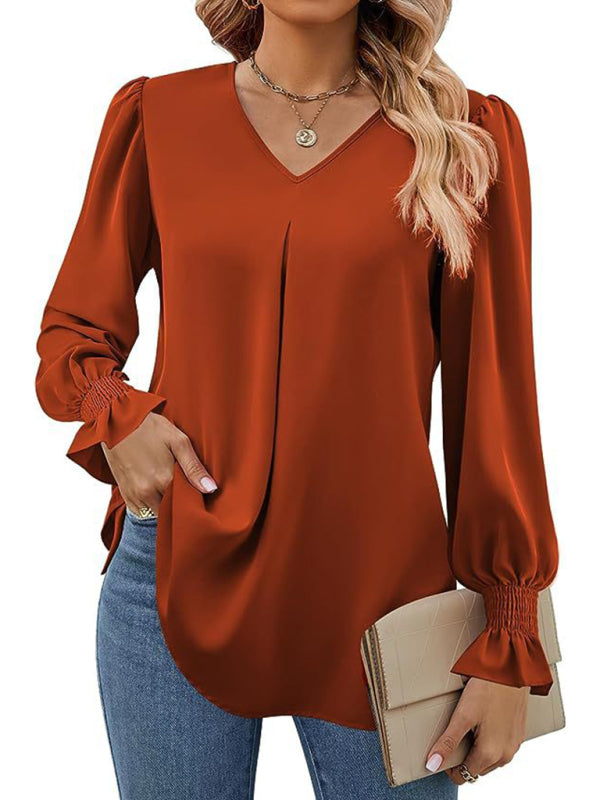 Romantic V-Neck Chiffon Blouse with Ruffle Cuffs Blouses | Chuzko.com