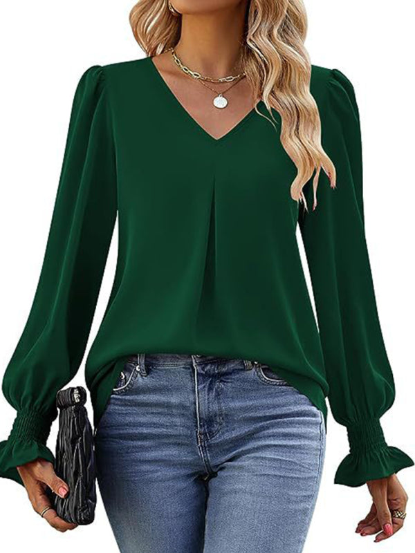 Romantic V-Neck Chiffon Blouse with Ruffle Cuffs Blouses | Chuzko.com