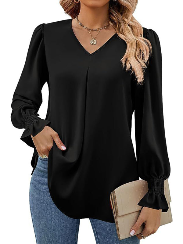 Romantic V-Neck Chiffon Blouse with Ruffle Cuffs Blouses | Chuzko.com