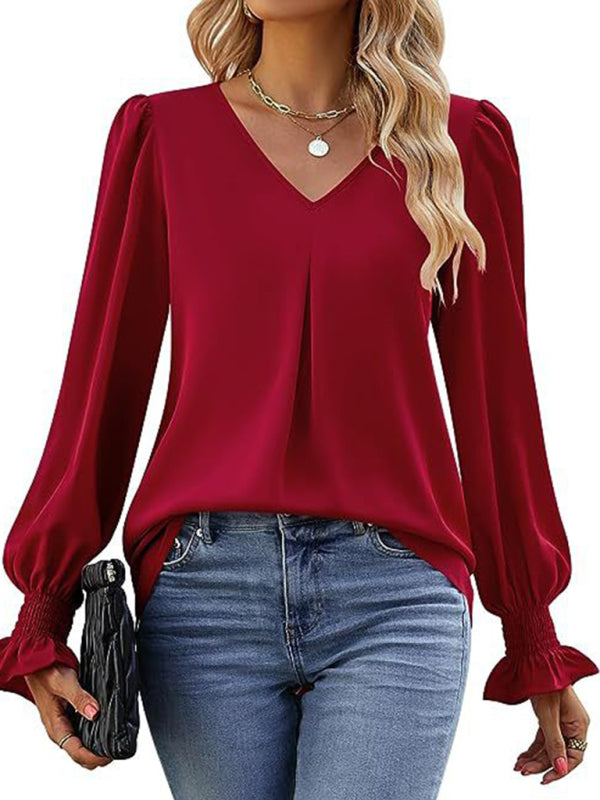 Romantic V-Neck Chiffon Blouse with Ruffle Cuffs Blouses | Chuzko.com