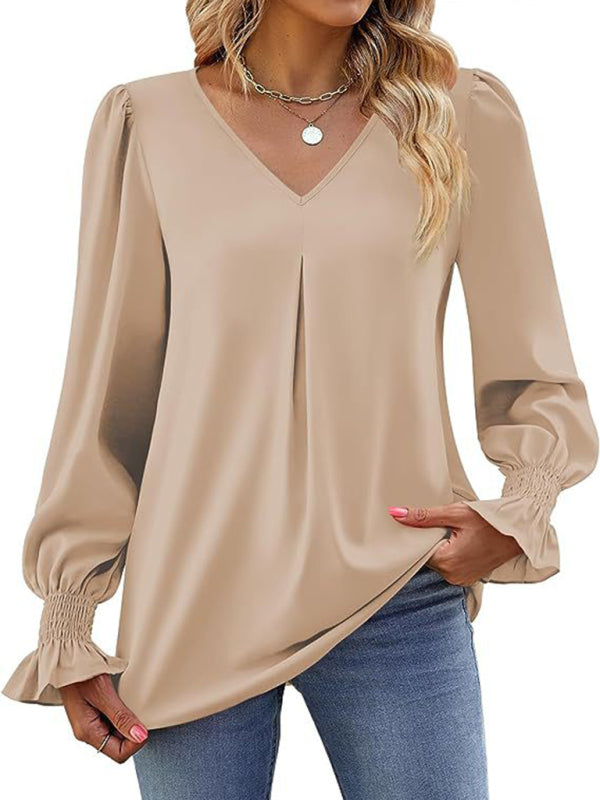 Romantic V-Neck Chiffon Blouse with Ruffle Cuffs Blouses | Chuzko.com