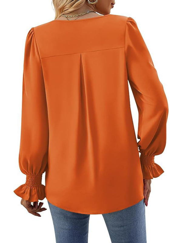 Romantic V-Neck Chiffon Blouse with Ruffle Cuffs Blouses | Chuzko.com