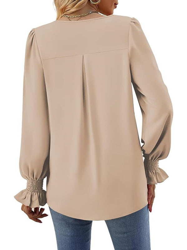 Romantic V-Neck Chiffon Blouse with Ruffle Cuffs Blouses | Chuzko.com