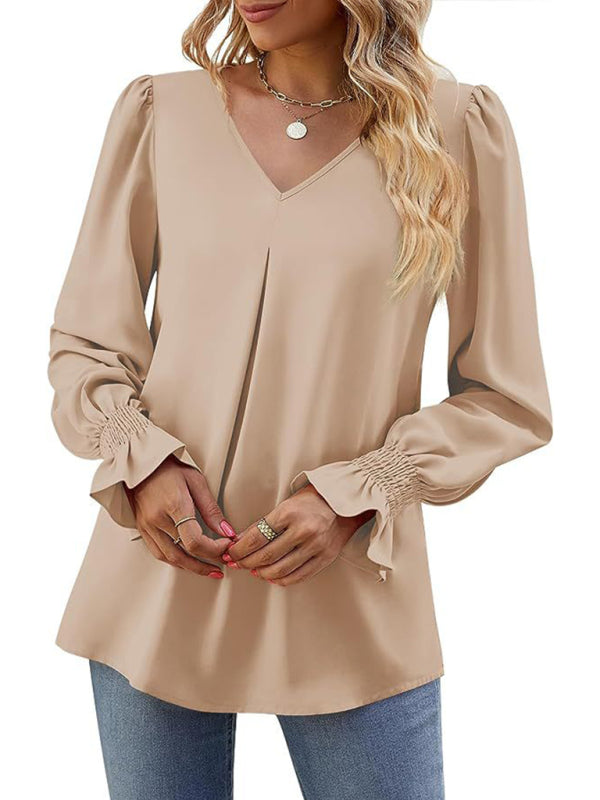 Romantic V-Neck Chiffon Blouse with Ruffle Cuffs Blouses | Chuzko.com