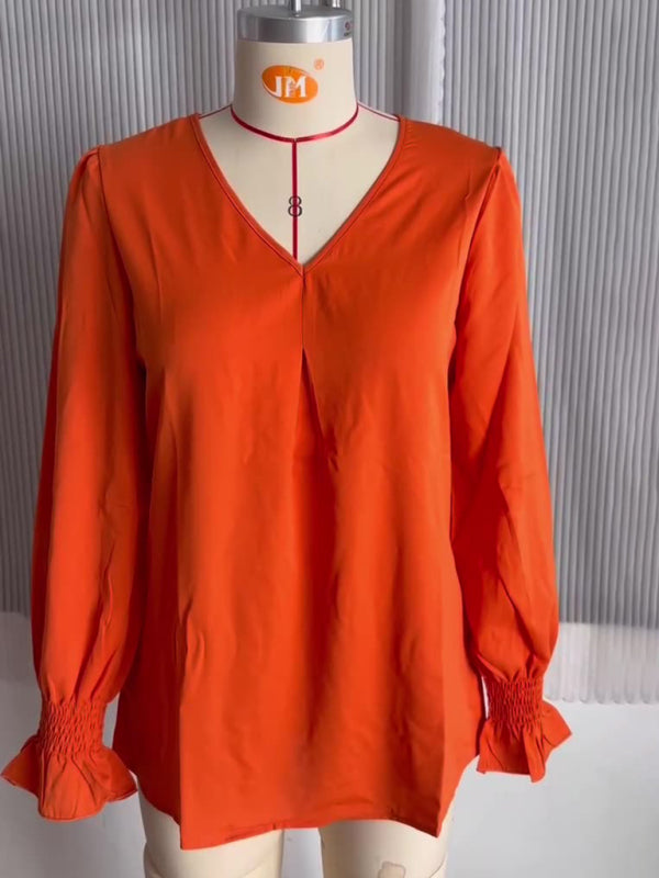 Romantic V-Neck Chiffon Blouse with Ruffle Cuffs Blouses | Chuzko.com