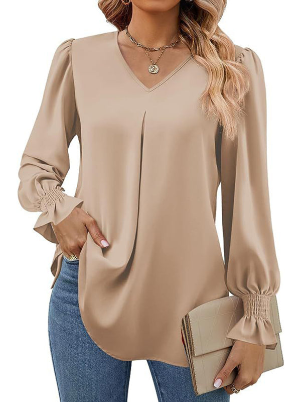 Romantic V-Neck Chiffon Blouse with Ruffle Cuffs Blouses | Chuzko.com