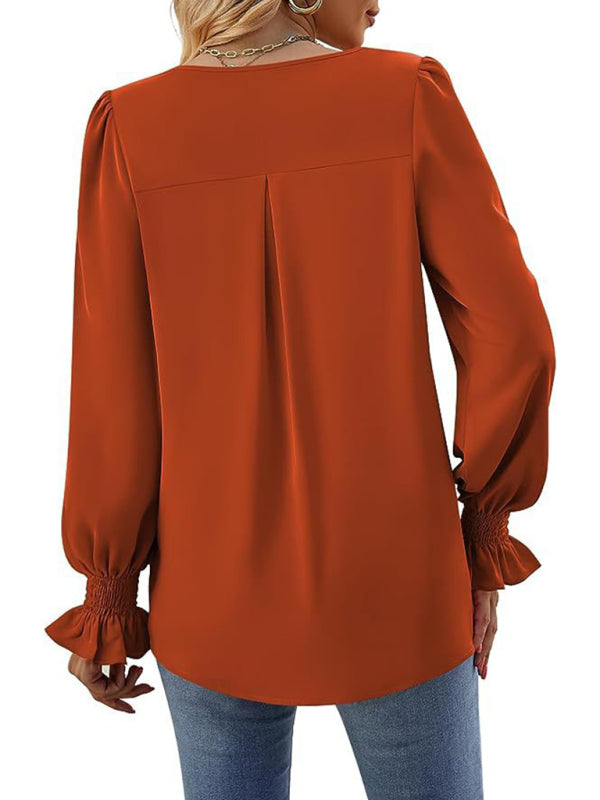 Romantic V-Neck Chiffon Blouse with Ruffle Cuffs Blouses | Chuzko.com