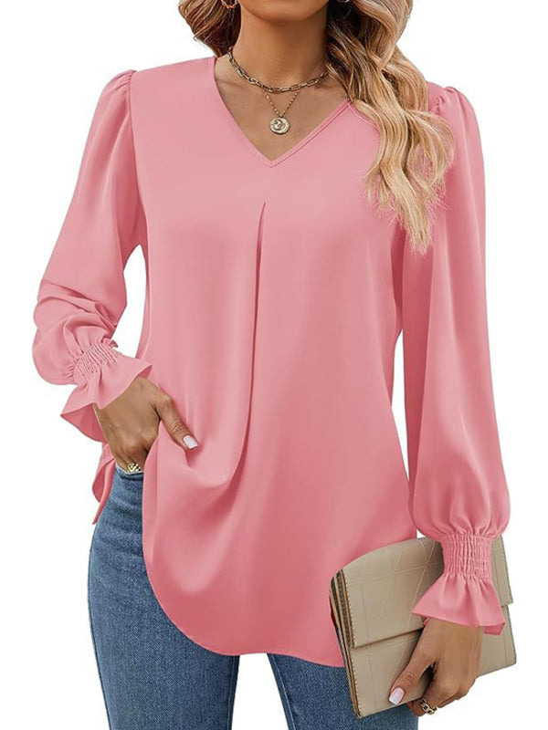 Romantic V-Neck Chiffon Blouse with Ruffle Cuffs Blouses | Chuzko.com