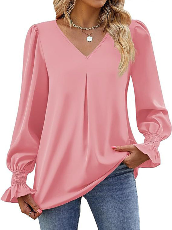 Romantic V-Neck Chiffon Blouse with Ruffle Cuffs Blouses | Chuzko.com