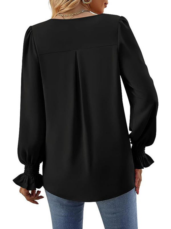 Romantic V-Neck Chiffon Blouse with Ruffle Cuffs Blouses | Chuzko.com