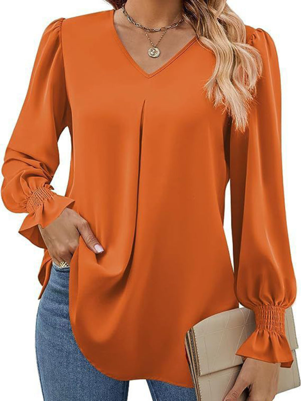 Romantic V-Neck Chiffon Blouse with Ruffle Cuffs Blouses | Chuzko.com