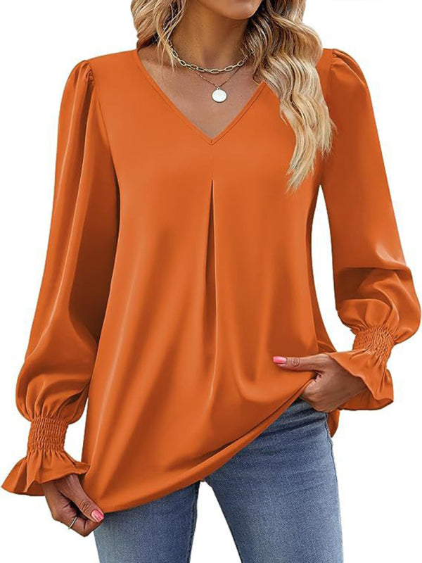 Romantic V-Neck Chiffon Blouse with Ruffle Cuffs Blouses | Chuzko.com