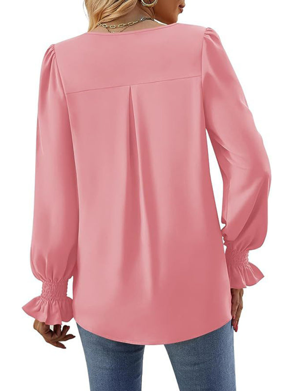 Romantic V-Neck Chiffon Blouse with Ruffle Cuffs Blouses | Chuzko.com