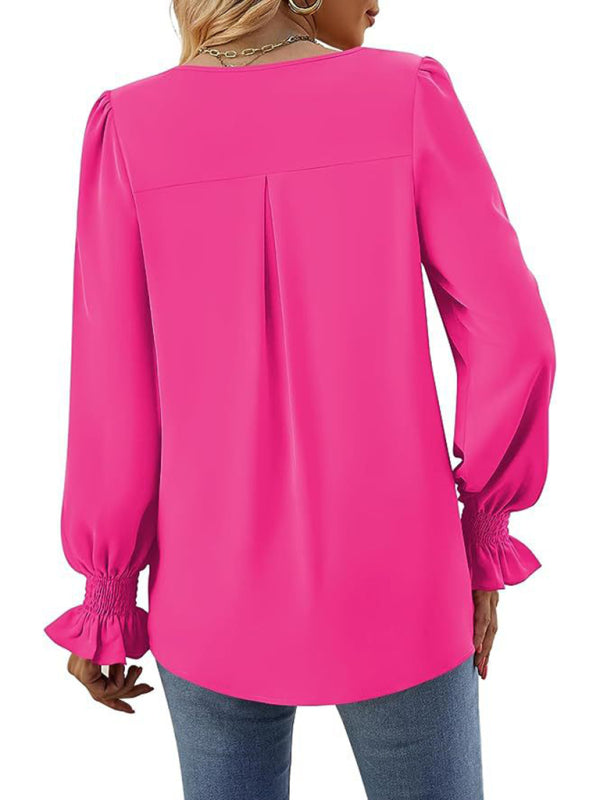 Romantic V-Neck Chiffon Blouse with Ruffle Cuffs Blouses | Chuzko.com