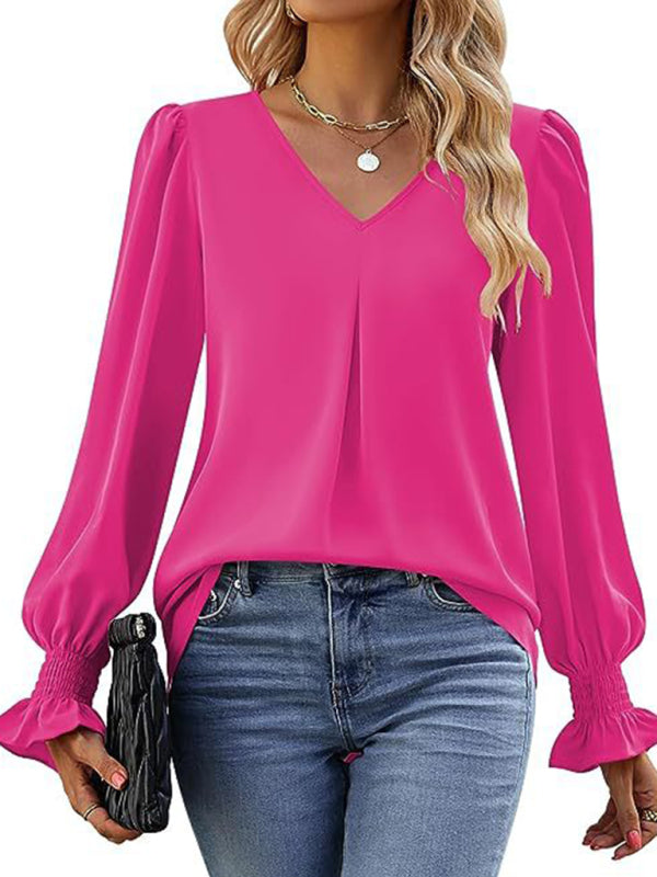 Romantic V-Neck Chiffon Blouse with Ruffle Cuffs Blouses | Chuzko.com