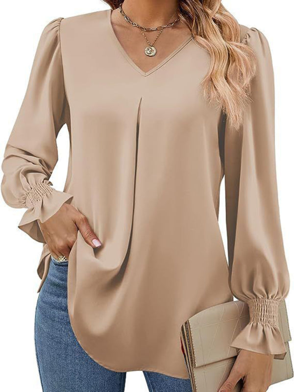 Romantic V-Neck Chiffon Blouse with Ruffle Cuffs Blouses | Chuzko.com