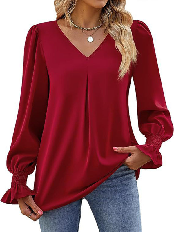 Romantic V-Neck Chiffon Blouse with Ruffle Cuffs Blouses | Chuzko.com