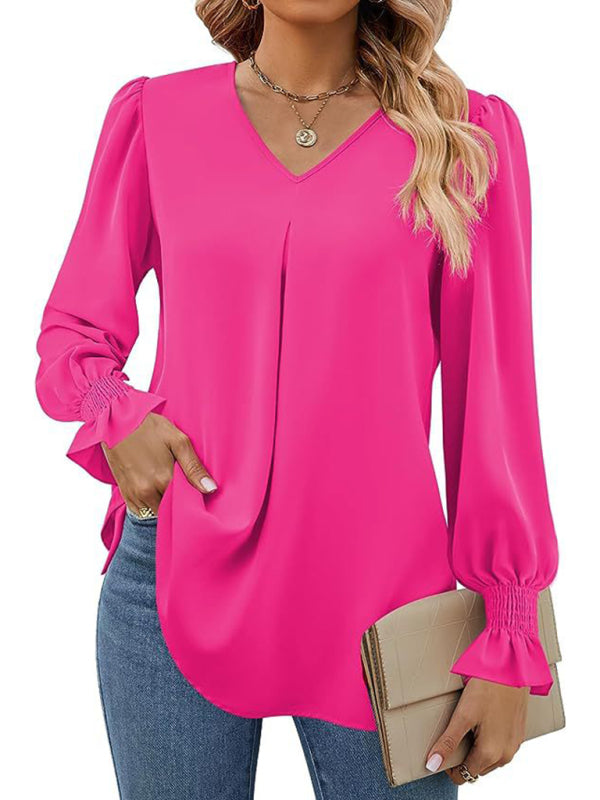 Romantic V-Neck Chiffon Blouse with Ruffle Cuffs Blouses | Chuzko.com