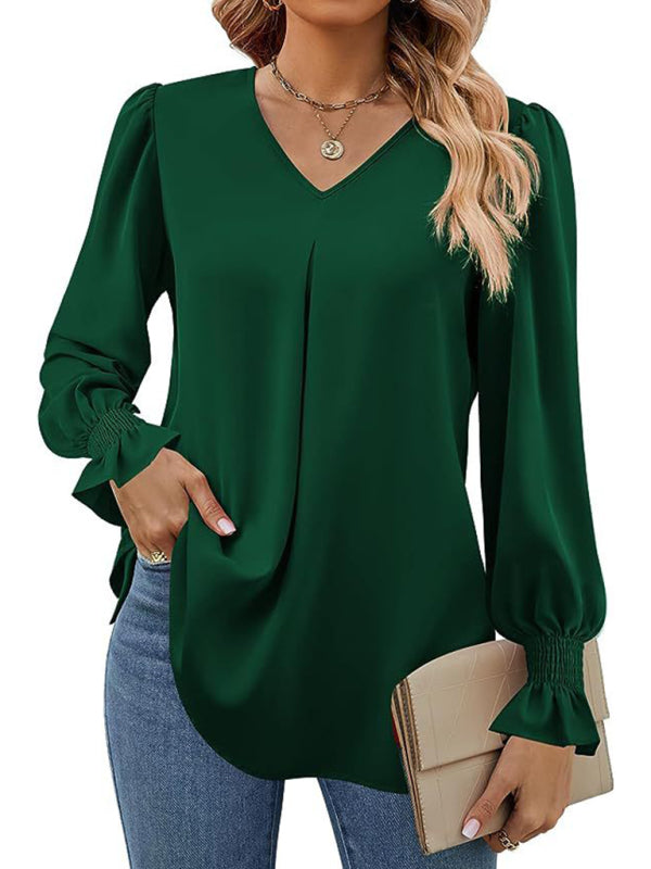 Romantic V-Neck Chiffon Blouse with Ruffle Cuffs Blouses | Chuzko.com