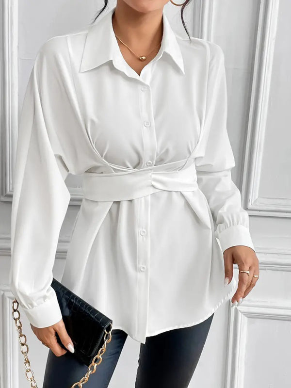 Belted Peplum Business Shirt with Long Sleeves Shirts | Chuzko.com