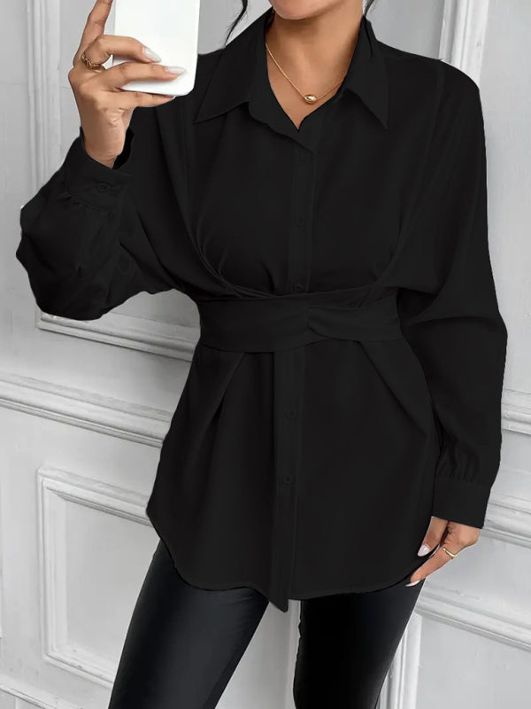 Belted Peplum Business Shirt with Long Sleeves Shirts | Chuzko.com