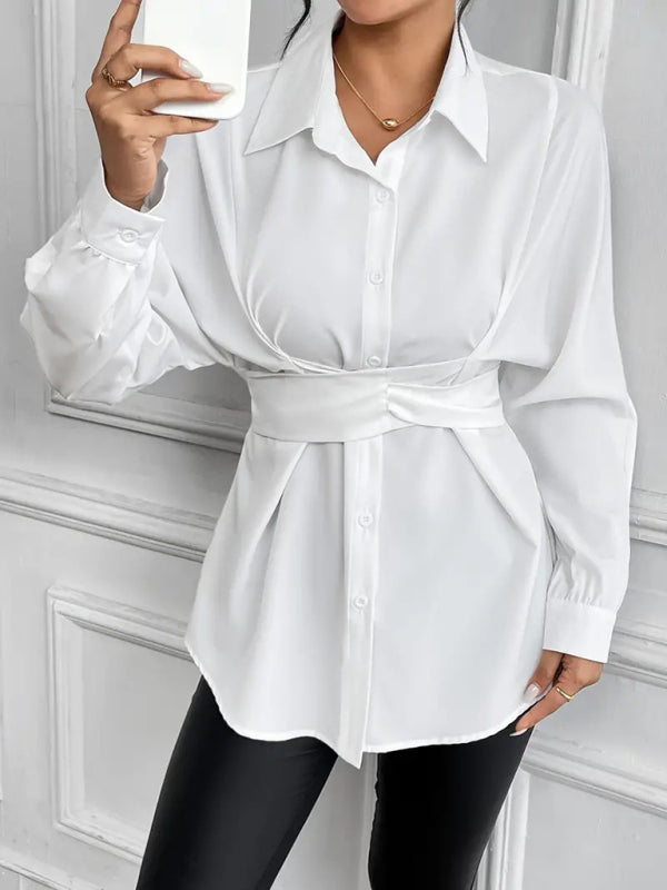 Chic Belted Peplum Shirt with Long Sleeves	