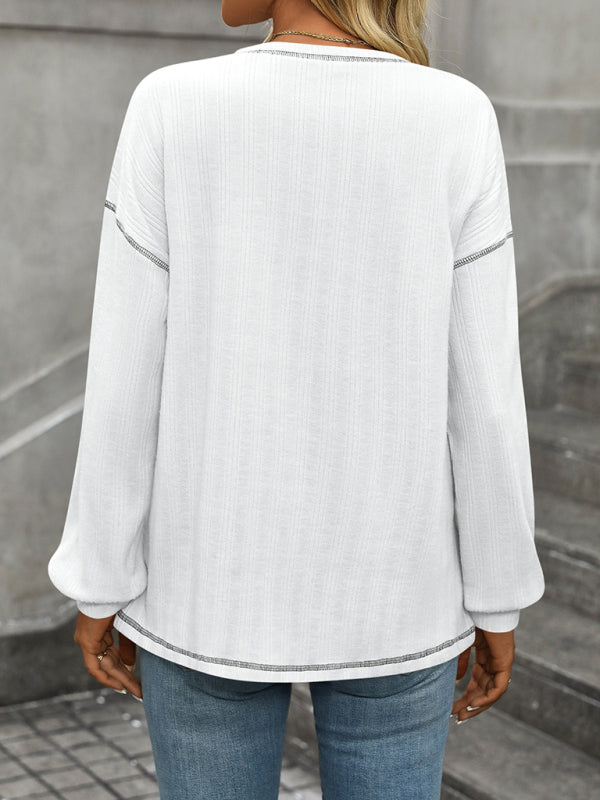 Textured Long Sleeve Pullover Contrast Trim T-Shirt T-Shirts | Chuzko.com