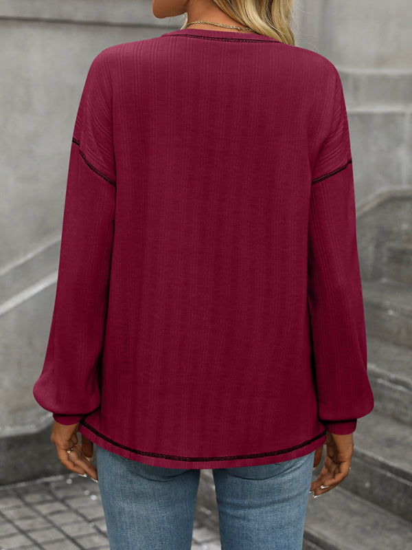 Textured Long Sleeve Pullover Contrast Trim T-Shirt T-Shirts | Chuzko.com