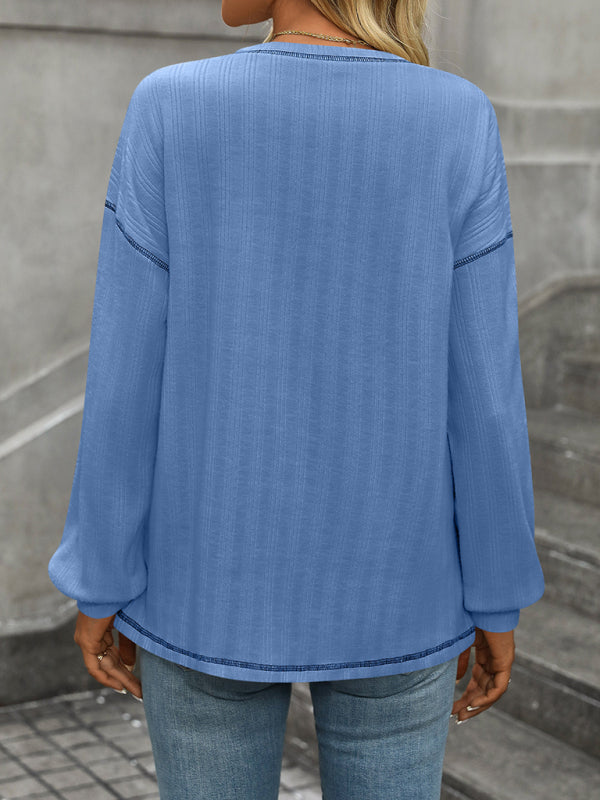 Textured Long Sleeve Pullover Contrast Trim T-Shirt T-Shirts | Chuzko.com