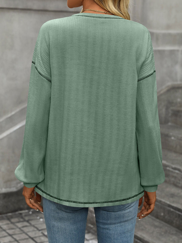 Textured Long Sleeve Pullover Contrast Trim T-Shirt T-Shirts | Chuzko.com