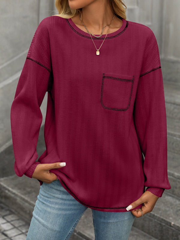 Textured Long Sleeve Pullover Contrast Trim T-Shirt T-Shirts | Chuzko.com