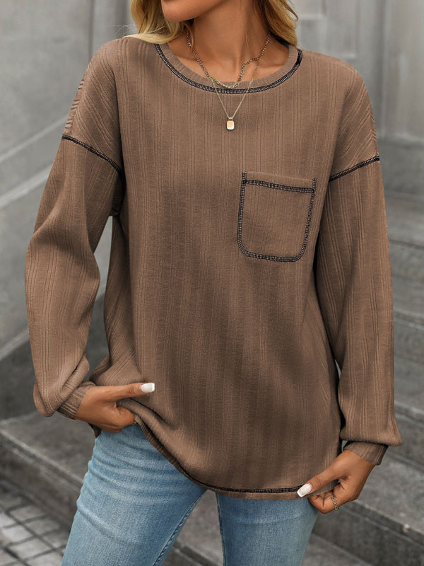 Textured Long Sleeve Pullover Contrast Trim T-Shirt T-Shirts | Chuzko.com