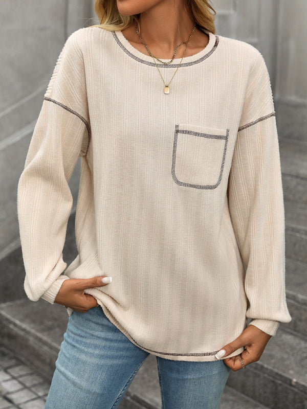 Textured Long Sleeve Pullover Contrast Trim T-Shirt T-Shirts | Chuzko.com