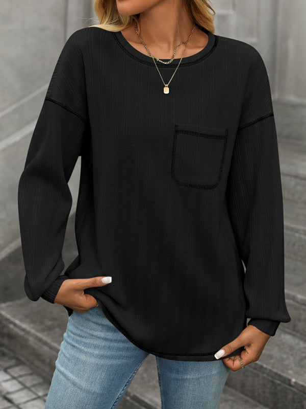 Textured Long Sleeve Pullover Contrast Trim T-Shirt T-Shirts | Chuzko.com