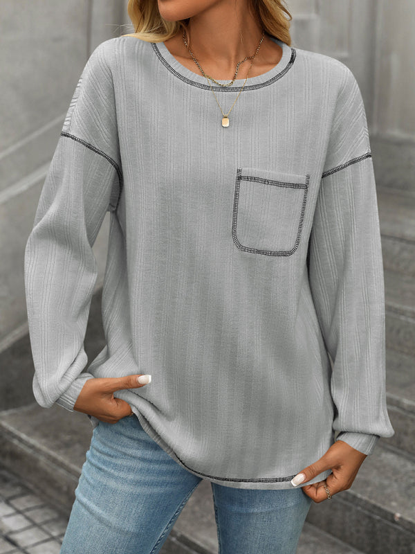 Textured Long Sleeve Pullover Contrast Trim T-Shirt T-Shirts | Chuzko.com