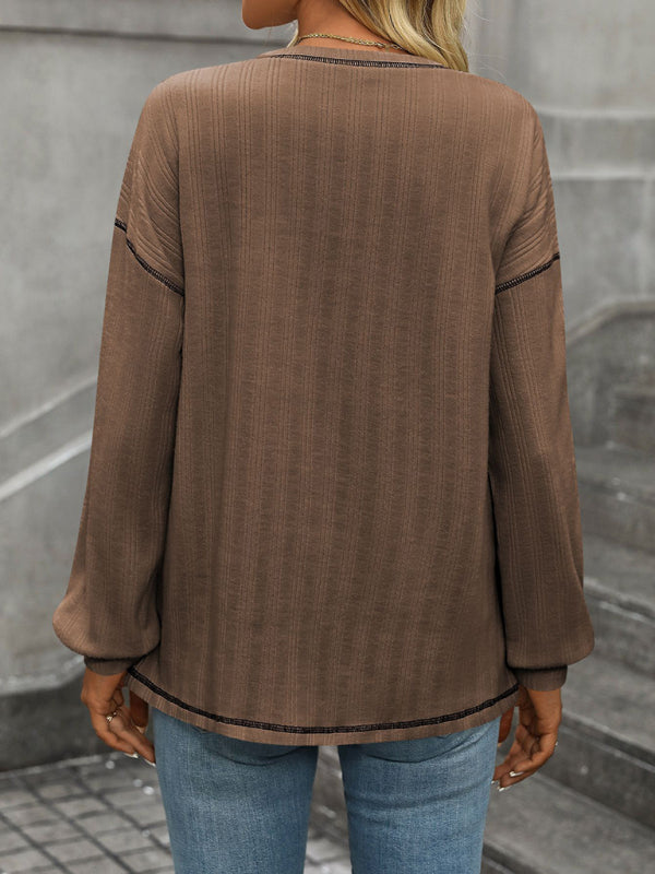 Textured Long Sleeve Pullover Contrast Trim T-Shirt T-Shirts | Chuzko.com