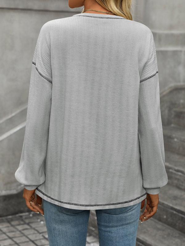 Textured Long Sleeve Pullover Contrast Trim T-Shirt T-Shirts | Chuzko.com