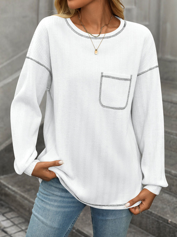 Textured Long Sleeve Pullover Contrast Trim T-Shirt T-Shirts | Chuzko.com