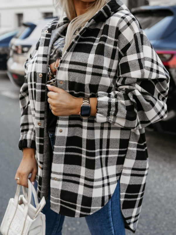 Plaid Hooded Shacket for Fall Houndstooth Shirt Jacket Shackets | Chuzko.com