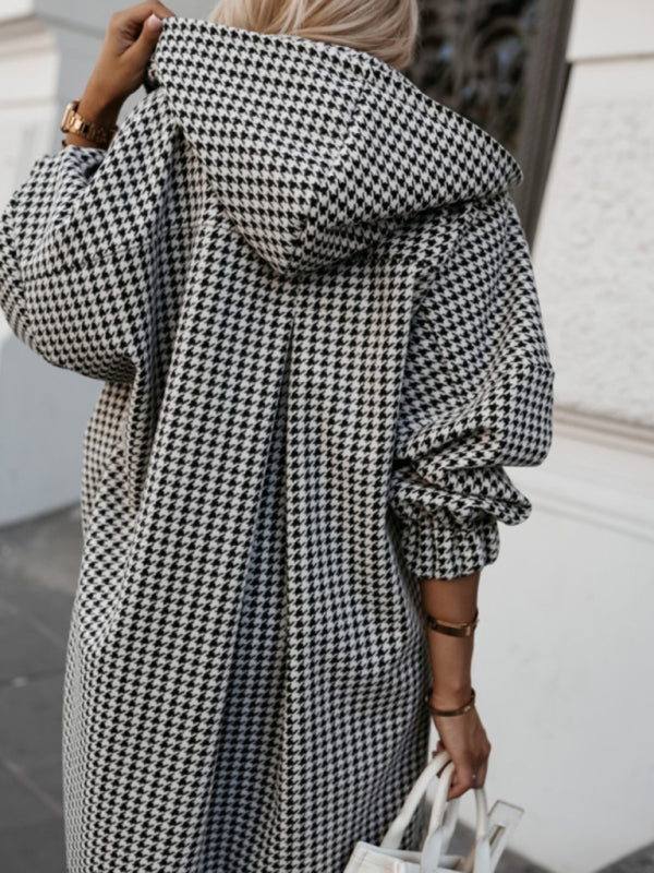 Plaid Hooded Shacket for Fall Houndstooth Shirt Jacket Shackets | Chuzko.com