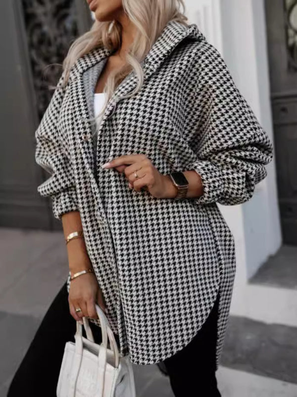 Plaid Hooded Shacket for Fall Houndstooth Shirt Jacket Shackets | Chuzko.com