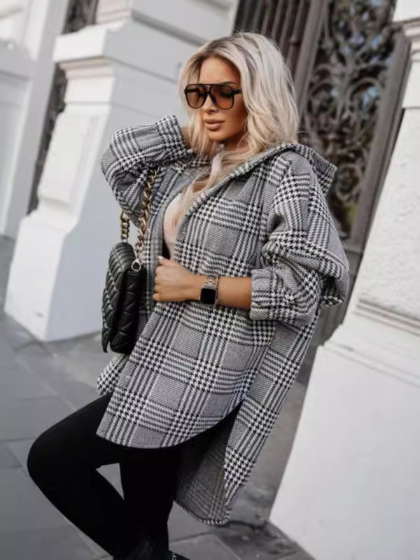 Plaid Hooded Shacket for Fall Houndstooth Shirt Jacket Shackets | Chuzko.com