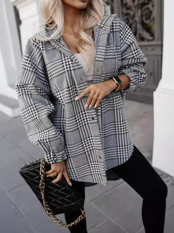 Plaid Hooded Shacket for Fall Houndstooth Shirt Jacket Shackets | Chuzko.com